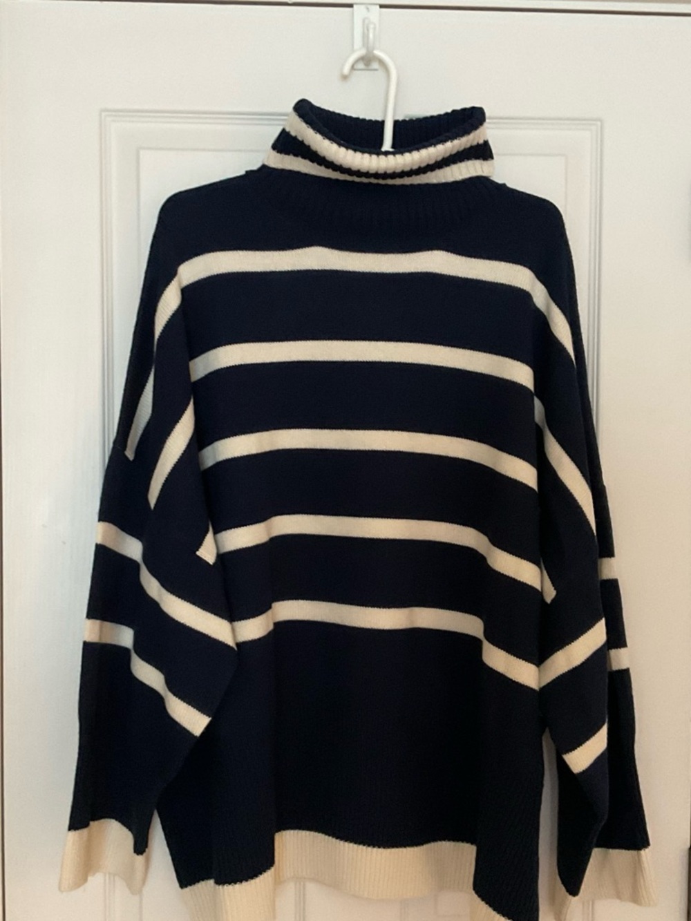 Striped Turtleneck Sweater - Navy Blue and Cream